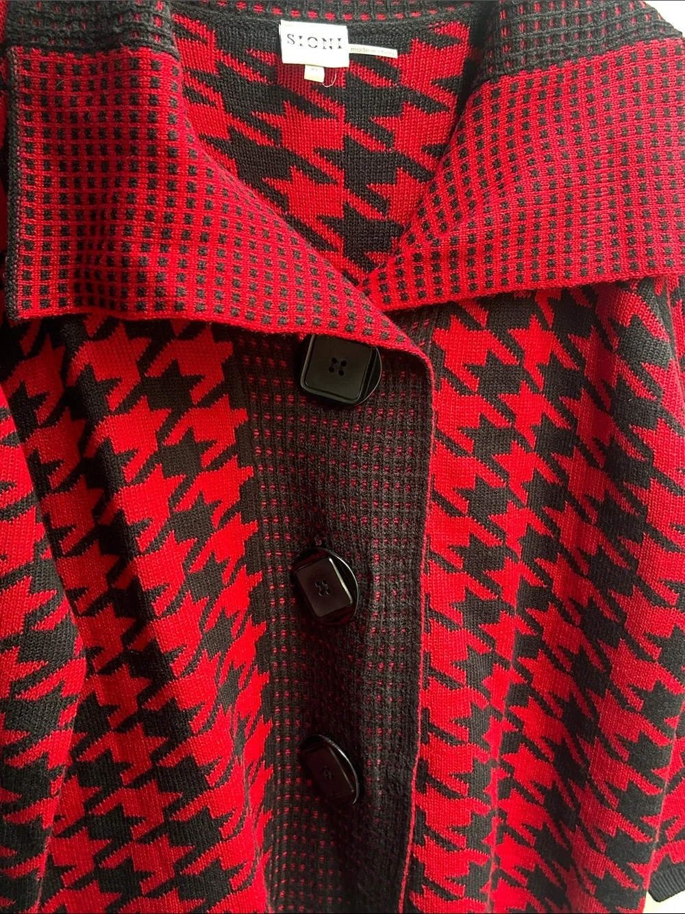 Sioni Studio XL Red Black Houndstooth Cardigan Sweater Jacket Statement Knit